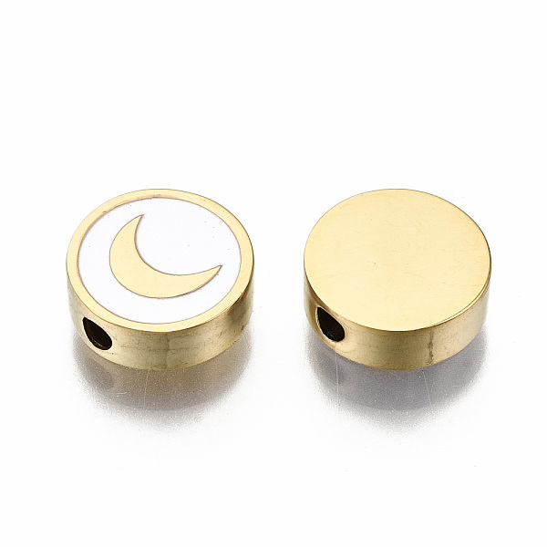 

PandaHall 304 Stainless Steel Beads, Laser Cut, with Enamel, White, Flat Round with Moon, Golden, 9.5x3mm, Hole: 2mm 304 Stainless Steel...