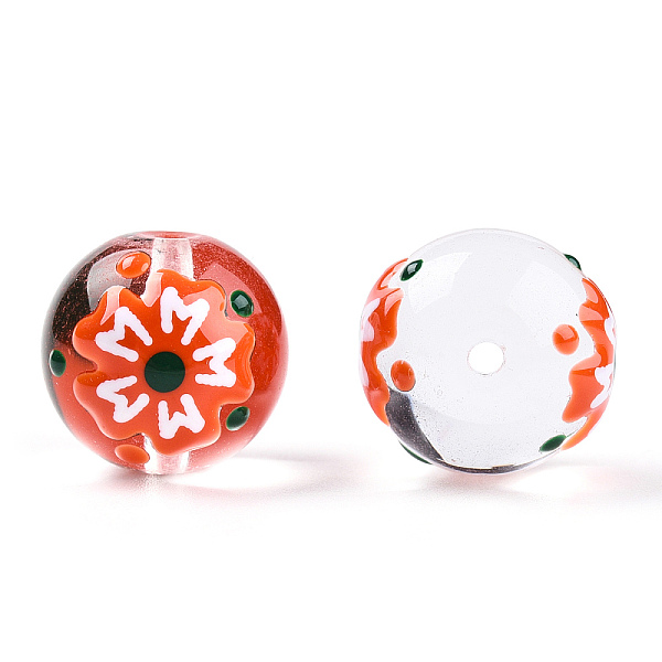 

PandaHall Transparent Handmade Lampwork Beads, Round with Flower Pattern, Orange Red, 17x16x15mm, Hole: 1.8~2mm Lampwork Round