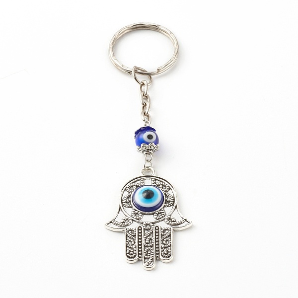 

PandaHall Alloy Enamel Keychain, with Lampwork Round Beads and Iron Split Key Rings, Hamsa Hand with Evil Eye, Blue, Antique Silver, 10.7cm...