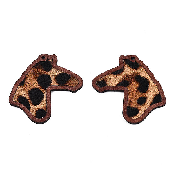 

PandaHall Eco-Friendly Cowhide Leather Big Pendants, with Dyed Wood, Horse Head with Leopard Print Pattern, Camel, 53.5x42x3mm, Hole: 2mm..., Brown
