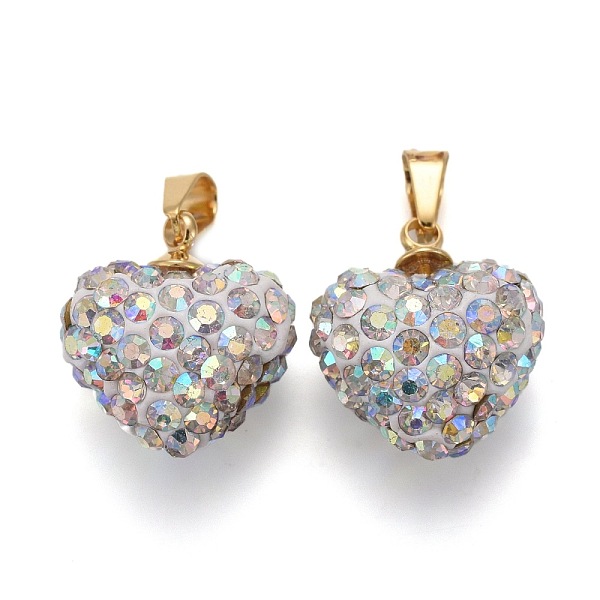 

PandaHall Polymer Clay Rhinestone Pendants, with Golden Tone Brass Pinch Bail, Heart, Crystal AB, 17x15.5x11mm, Hole: 5x3mm Brass+Rhinestone..., Clear