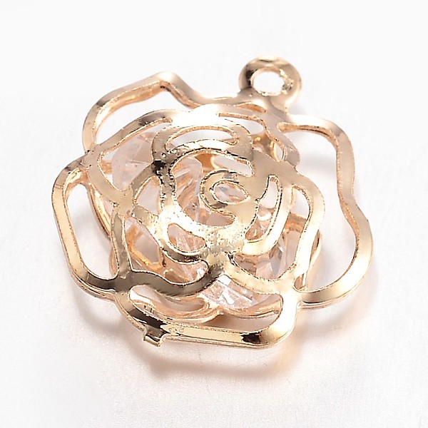 

PandaHall Hollow Flower Iron Glass Pendants, Golden, 20x18x7mm, Hole: 1.5mm Iron+Glass Flower Clear