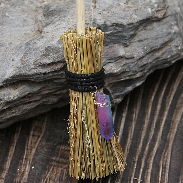 Mini Witch Wiccan Altar Broom With Dyed Natural Crystal  Wand