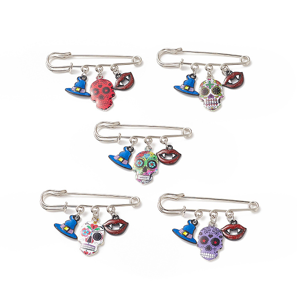 

PandaHall Halloween Skull & Witch Hat & Lip Alloy Enamel Charms Safety Pin Brooch, Iron Sweater Shawl Clips for Waist Pants Extender Clothes..., Multicolor