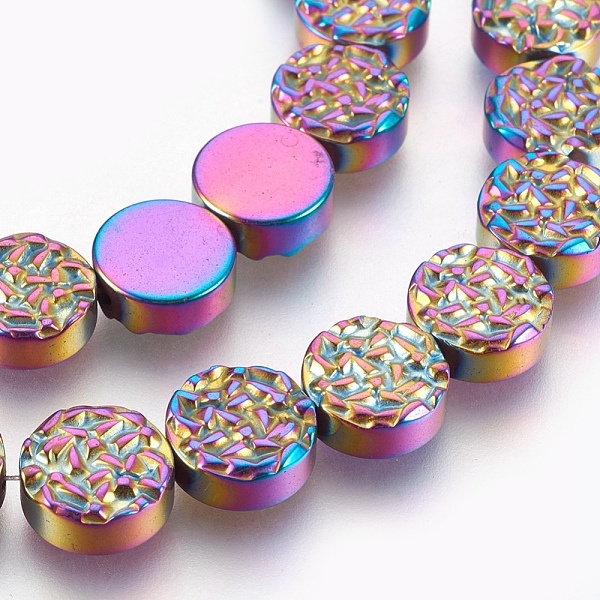 PandaHall Electroplated Non-magnetic Synthetic Hematite Beads Strands, Textured Flat Round, Multi-color Plated, 10x4mm, Hole: 1mm, about...