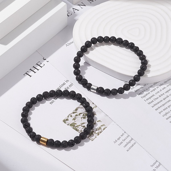 

PandaHall 2Pcs 2 Color Synthetic Hematite & Natural Lava Rock Stretch Bracelets Set, Essential Oil Gemstone Jewelry for Women, Golden &...