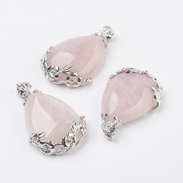 PandaHall Valentine Gifts Idea for Guys Natural Rose Quartz Pendants, with Brass Findings, Drop, Platinum, 38~41x26x8mm, Hole: 5x4mm Rose...