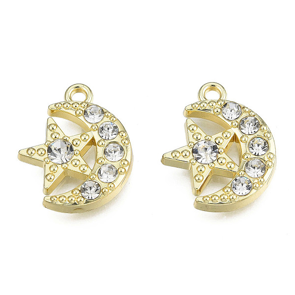 

PandaHall Rack Plating Alloy Pendants, with Crystal Rhinestone, Moon & Star, Cadmium Free & Nickel Free & Lead Free, Light Gold, 17x14x3mm..., Clear