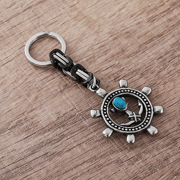 Vintage Mens 304 Stainless Steel  Resin Synthetic Turquoise Keychains