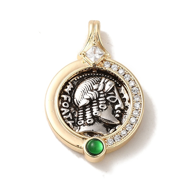 

PandaHall Rack Plating Brass Glass Pendants, Green, Flat Round, Real 18K Gold Plated, 17x18x4mm, Hole: 2x4mm Brass+Glass Flat Round Green