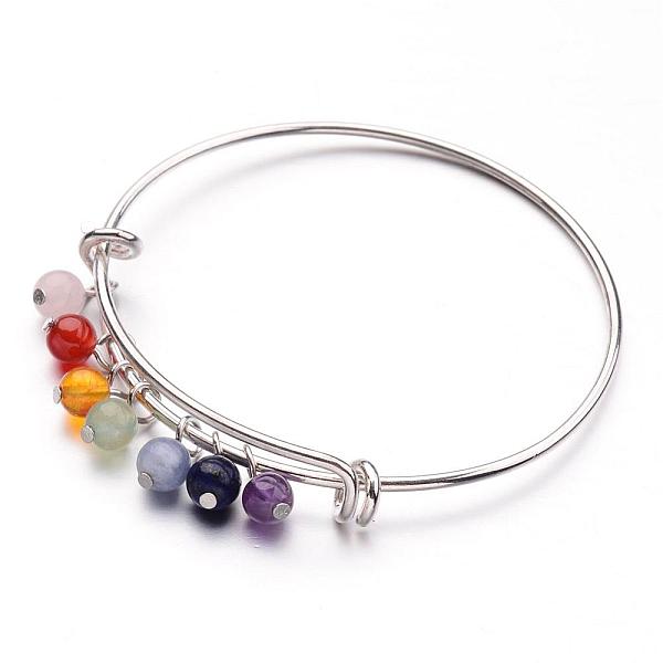 

PandaHall Brass Charm Bangles, Chakra Bangles, Adjustable, Silver Color Plated, with Mixed Gemstone Beads, Mixed Color, 2-1/2 inch(61mm)..., Multicolor
