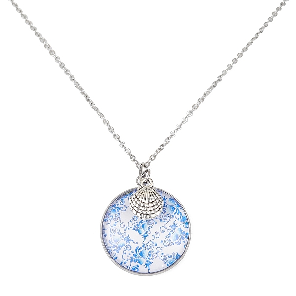 

PandaHall Steel Blue Glass Flat Round & Alloy Pendant Necklace, with 304 Stainless Steel Chains, Shell Shape, 18.35 inch(46.6cm) Glass Shell...