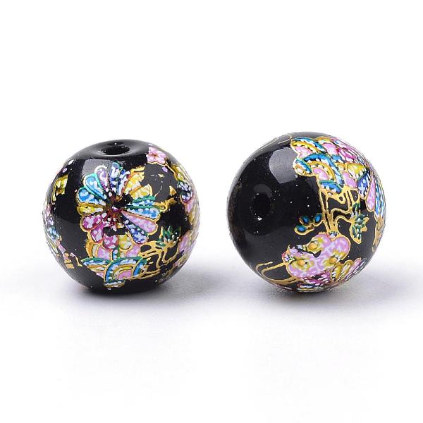 

PandaHall Printed Glass Beads, Round with Flower Pattern, Black, 11~12x11mm, Hole: 1.5mm Glass Flower Black