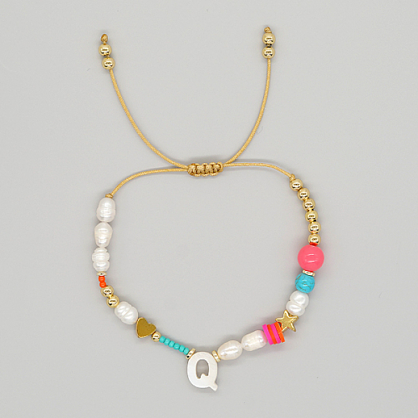 

PandaHall Initial Letter Natural Pearl Braided Bead Bracelet, Adjustable Bracelet, Letter Q, 11 inch(28cm) Pearl Letter Q