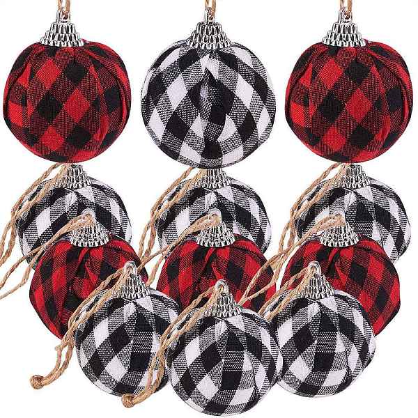 

PandaHall 12Pcs 2 Colors Foam and Plastic with Cloth Ball Christmas Tree Decorations, with Hemp Rope, Round with Plaid Pattern, Mixed Color..., Multicolor