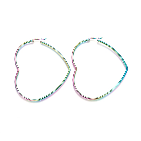 PandaHall 304 Stainless Steel Hoop Earrings, Hypoallergenic Earrings, Heart, Rainbow Color, 12 Gauge, 67x58x2mm, Pin: 1x0.6mm 304 Stainless...