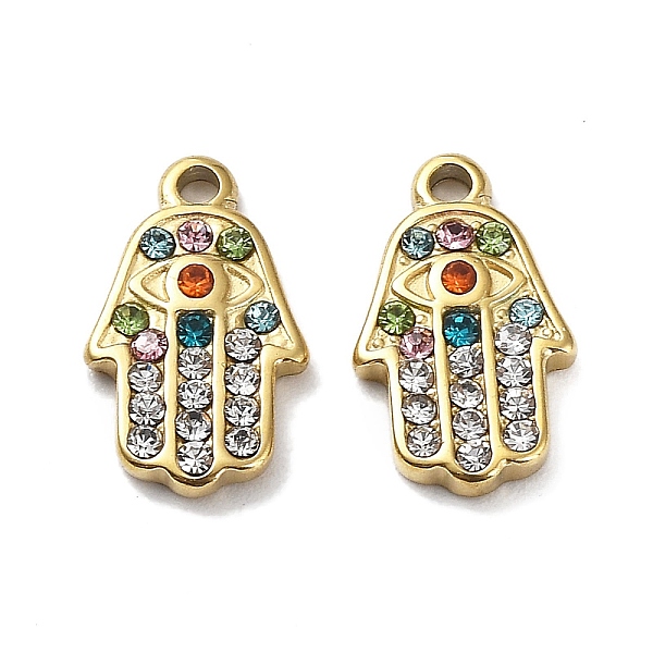 

PandaHall Ion Plating(IP) 304 Stainless Steel Charms, with Colorful Rhinestone, Hamsa Hand with Eye Charm, Real 18K Gold Plated, 12x7x2mm..., Multicolor
