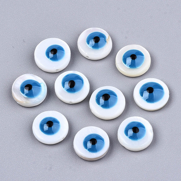 

PandaHall Natural Freshwater Shell Beads, with Enamel, Flat Round with Evil Eye, Dodger Blue, 9x3.5mm, Hole: 0.8mm Freshwater Shell Evil Eye