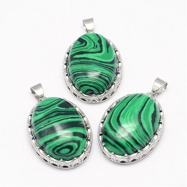 

PandaHall Synthetic Malachite Pendants, with Brass Findings, Oval, Platinum, 30x21x10~11mm, Hole: 6x4mm Malachite Oval