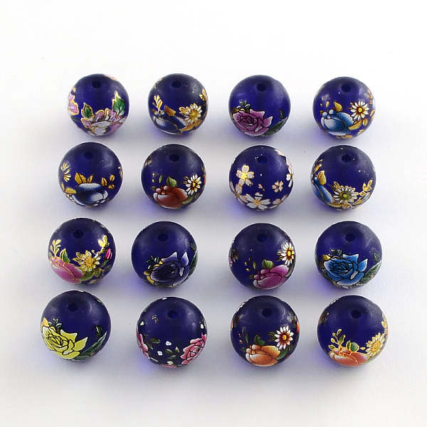 

PandaHall Flower Pattern Glass Round Beads, Frosted, Mixed Color, 14x13mm, Hole: 1.5mm Glass Round Multicolor