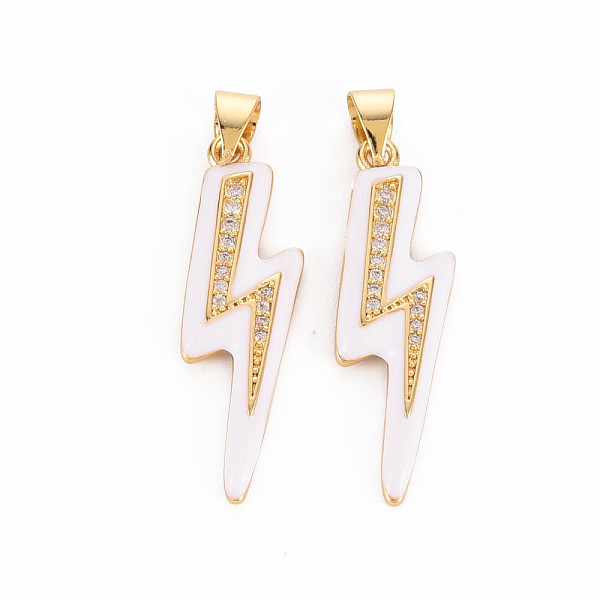 

PandaHall Brass Micro Pave Clear Cubic Zirconia Pendants, with Enamel, Nickel Free, Real 16K Gold Plated, Lightning, White, 29x8.5x2.5mm...