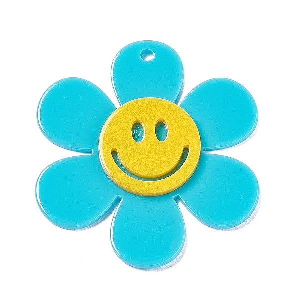 PandaHall Opaque Acrylic Big Pendants, Sunflower with Smiling Face Charm, Cyan, 55x50.5x5mm, Hole: 2.5mm Acrylic Flower Cyan