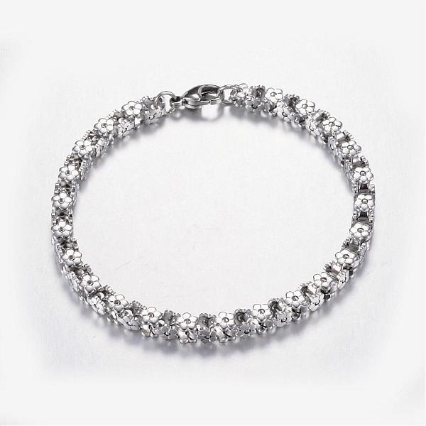 

PandaHall 304 Stainless Steel Bracelets, Flower, Stainless Steel Color, 8-1/4 inch~9 inch(210~230mm) 304 Stainless Steel