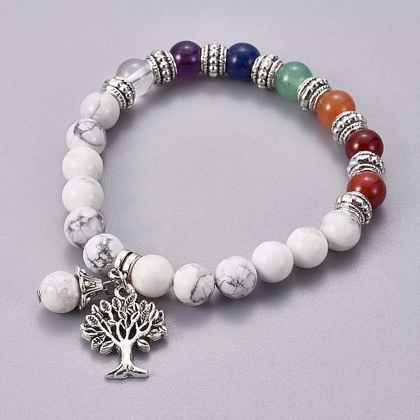 

PandaHall Chakra Jewelry, Natural Howlite Bracelets, with Metal Tree Pendants, 50mm Howlite