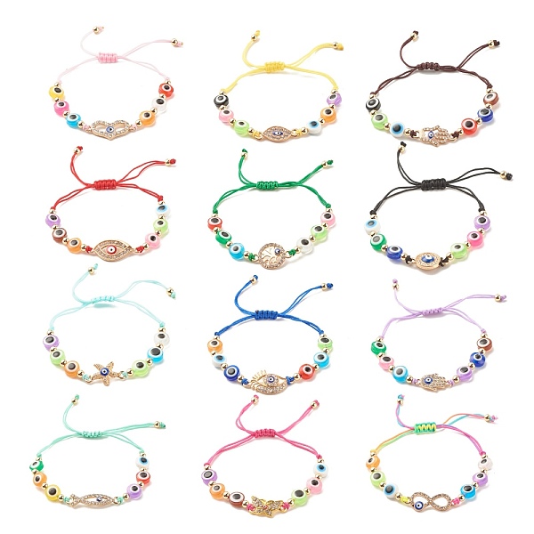 

PandaHall 12Pcs 12 Style Resin Evil Eye Braided Bead Bracelets Set, Starfish & Horse Eye & Hamsa Hand & Tree of Life & Fish & Butterfly &..., Multicolor