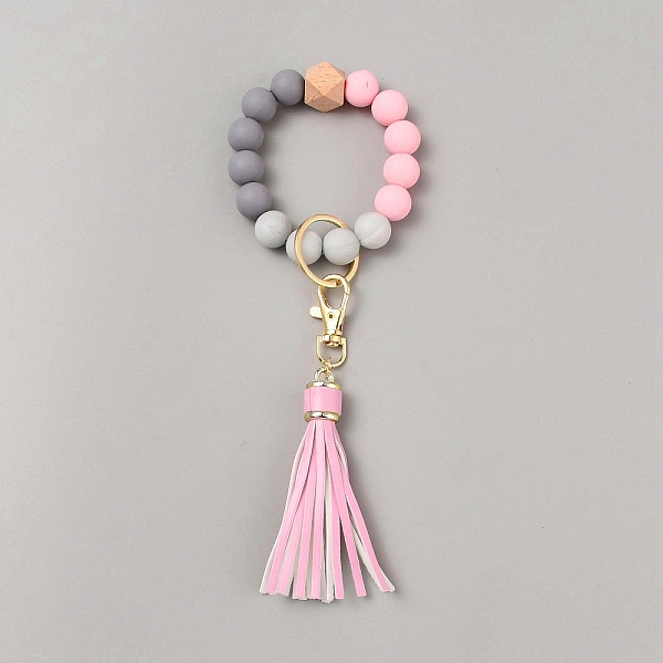 

PandaHall Silicone Round Beaded Keychain Wristlet, with Alloy Keychain Clasps Finding and PU Leather Tassel, Pearl Pink, 23cm Silicone