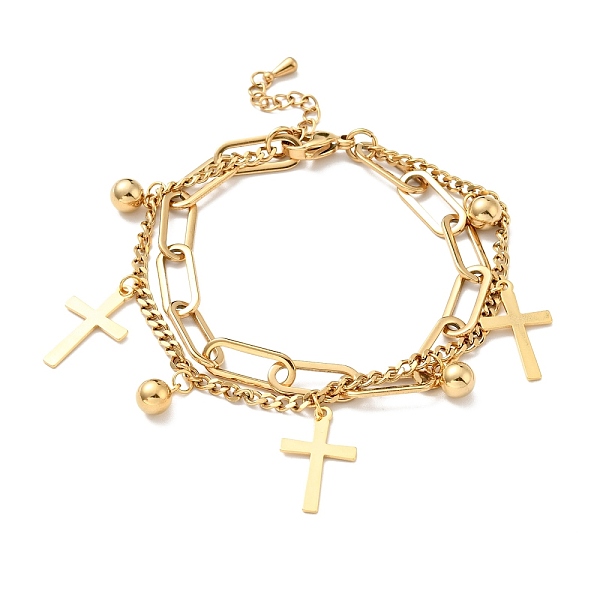 

PandaHall Cross and Round Ball Charm Multi-strand Bracelet, Vacuum Plating 304 Stainless Steel Double Layered Chains Bracelet for Women...