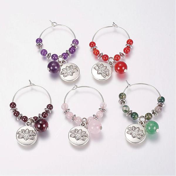 

PandaHall Natural Gemstone Wine Glass Charms, with Alloy Lotus Pendants and Brass Hoops, 46x27mm Mixed Stone