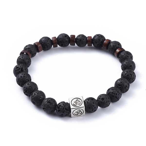 

PandaHall Natural Lava Rock Stretch Bracelets, with Wood Beads and Tibetan Style Alloy Beads, Cube with Om Symbol, 2-3/8 inch(5.9cm) Lava...