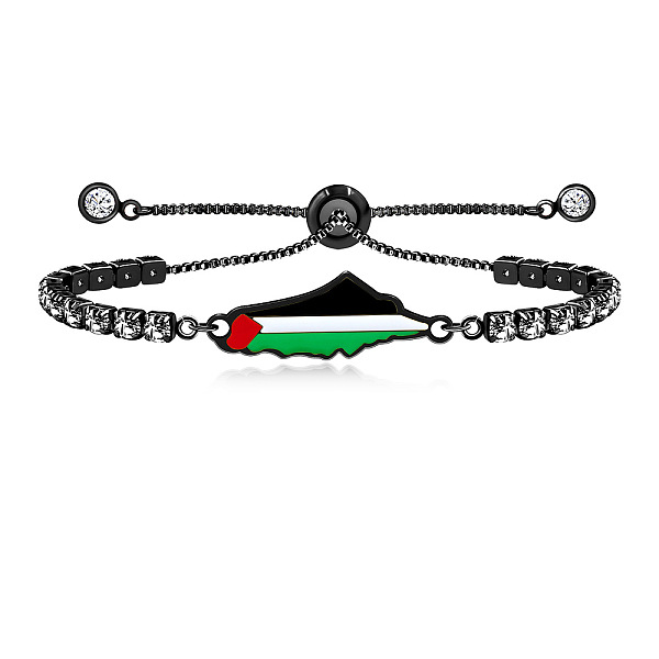 Bracelet coulissant en acier inoxydable 304 émaillé avec carte de Palestine et pavé de zirconiums cubiques transparents pour femme