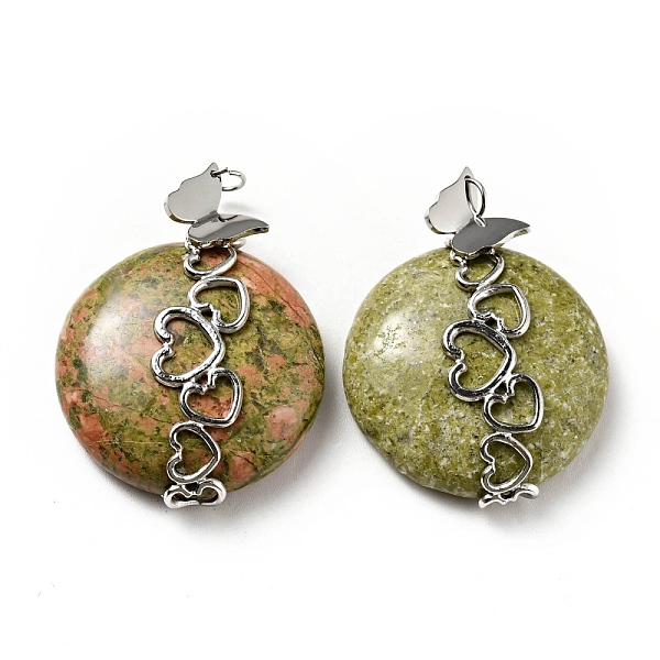 

PandaHall Natural Unakite Pendants, Flat Round Charm, with Stainless Steel Color Tone Heart 304 Stainless Steel Findings, 39.5x30x10.5mm...