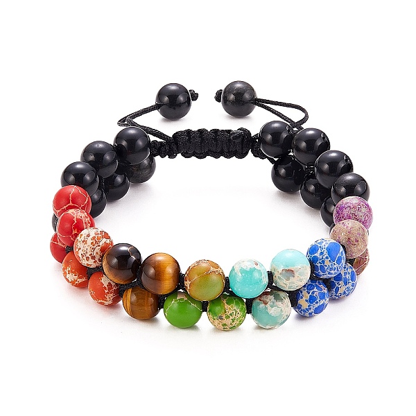 

PandaHall Round Imperial Jasper(Dyed) & Natural Obsidian & Tiger Eye Braided Bead Bracelet, Double Layer 7 Chakra Gemstone Bracelet for...