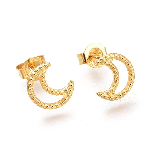 

PandaHall 304 Stainless Steel Crescent Moon Stud Earrings, with Ear Nuts, Golden, 8.2x7.2x1.4mm, Pin: 0.7mm 304 Stainless Steel Moon