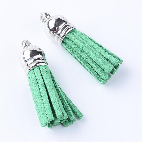 

PandaHall Faux Suede Tassel Pendant Decorations, with CCB Plastic Cord Ends, Platinum, Medium Sea Green, 35~37x10mm, Hole: 1.8mm Faux Suede...