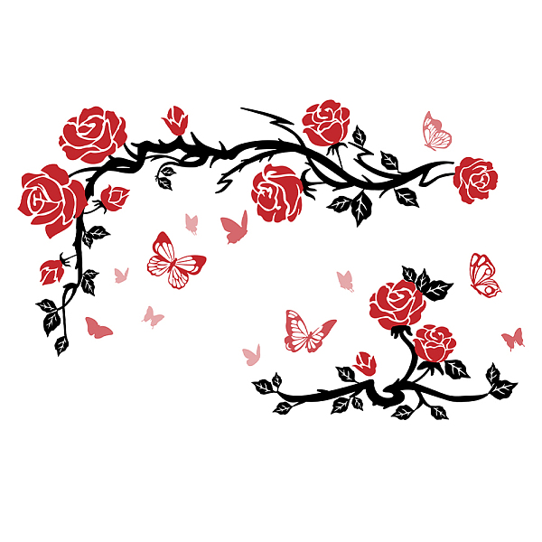 PandaHall SUPERDANT Romantic Red Rose Wall Stickers Red Butterfles Wall Decals with Black Branches Leaves Wall Decor for Home Girls Bedroom...