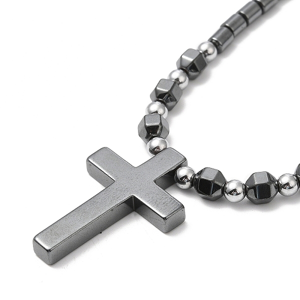 

PandaHall Synthetic Non-magnetic Hematite Cross Pendant Necklace with Beaded Chains, 19.29 inch(49cm) Hematite