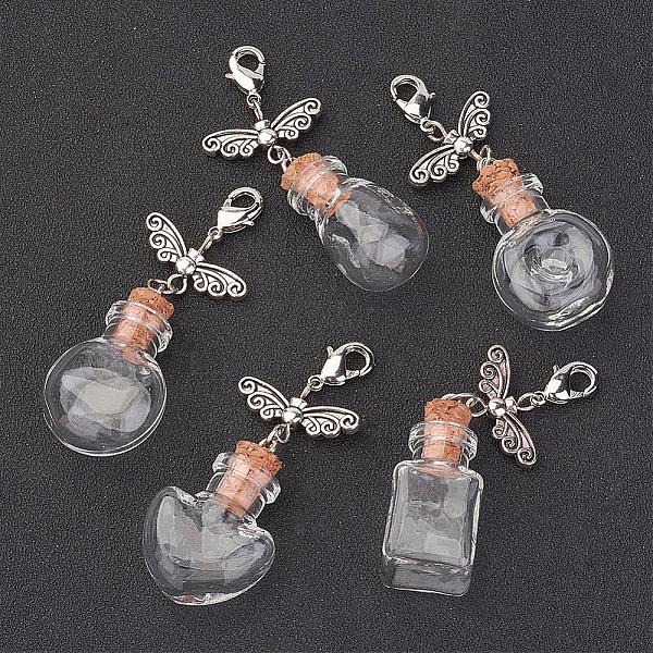 

PandaHall Mixed Shape Glass Bottle Big Pendants, with Tibetan Style Butterfly Bead and Brass Lobster Claw Clasps, Clear, 55~58mm, Bottle...