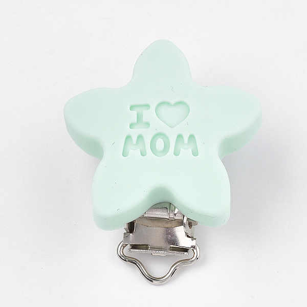

PandaHall Mother's Day Theme, Food Grade Eco-Friendly Silicone Baby Pacifier Holder Clips, with 304 Stainless Steel Clips, Star with Word I..., Green
