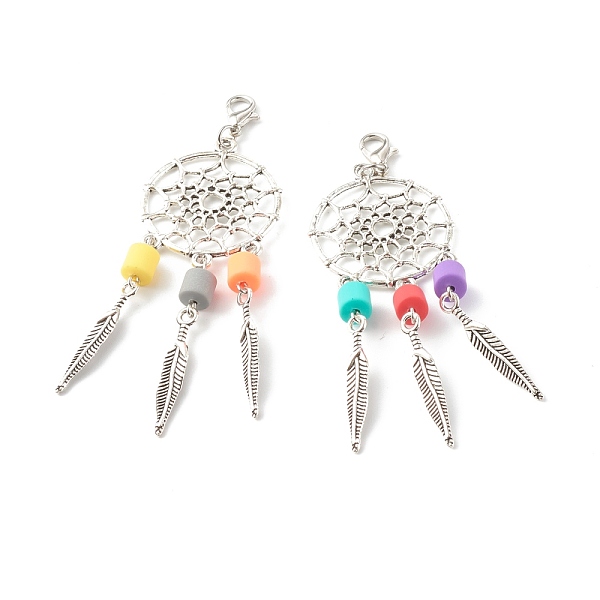 

PandaHall Tibetan Style Alloy Big Pendants, Woven Net/Web with Feather & Handmade Polymer Clay Beads, with Lobster Claw Clasps, Colorful...