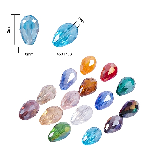 

PandaHall 450Pcs 15 Colors Electroplate Glass Faceted Teardrop Beads, AB Color Plated, Mixed Color, 12x8mm, Hole: 1mm, 30pcs/color Glass..., Multicolor