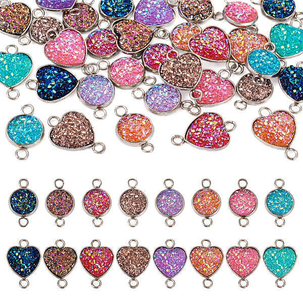 

PandaHall 32Pcs 16 Styles 304 Stainless Steel Connector Charms, Druzy Resin Heart & Flat Round Links, Stainless Steel Color, Mixed Color..., Multicolor