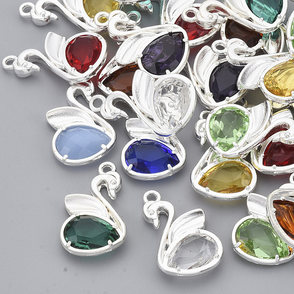 PandaHall Eco-Friendly Alloy Glass Pendants, Faceted, Nickel Free, Swan, Mixed Color, Silver Color Plated, 20x12.5x4mm, Hole: 1.5mm