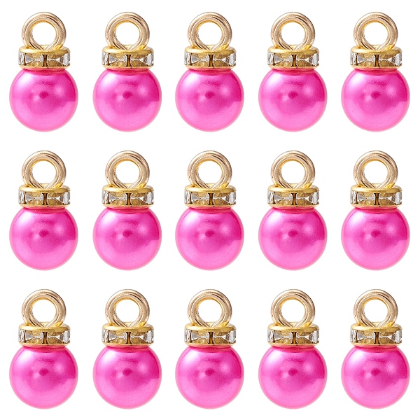 

PandaHall ABS Plastic Charms, with Golden Tone Iron Findings and Rhinestone, Dyed, Round Charm, Magenta, 13.5x8mm, Hole: 2.5mm, about..., Pink