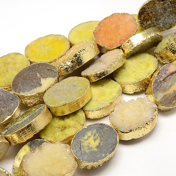

PandaHall Golden Plated Dyed Oval Natural Druzy Quartz Crystal Beads Strands, Yellow, 30x22x5~12mm, Hole: 2mm, about 6pcs/strand, 7 inch...
