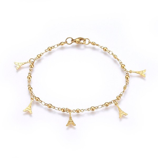 

PandaHall 304 Stainless Steel Charm Bracelets, with Lobster Claw Clasps, Tower, Golden, 8-1/4 inch(21cm), 3mm 304 Stainless Steel