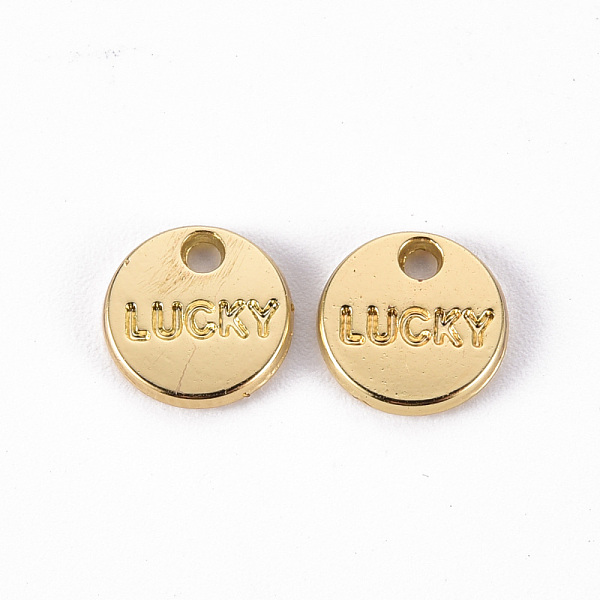 

PandaHall Rack Plating Alloy Charms, Cadmium Free & Lead Free, Flat Round with Word Lucky, Light Gold, 8x1.5mm, Hole: 1.2mm Alloy Flat Round